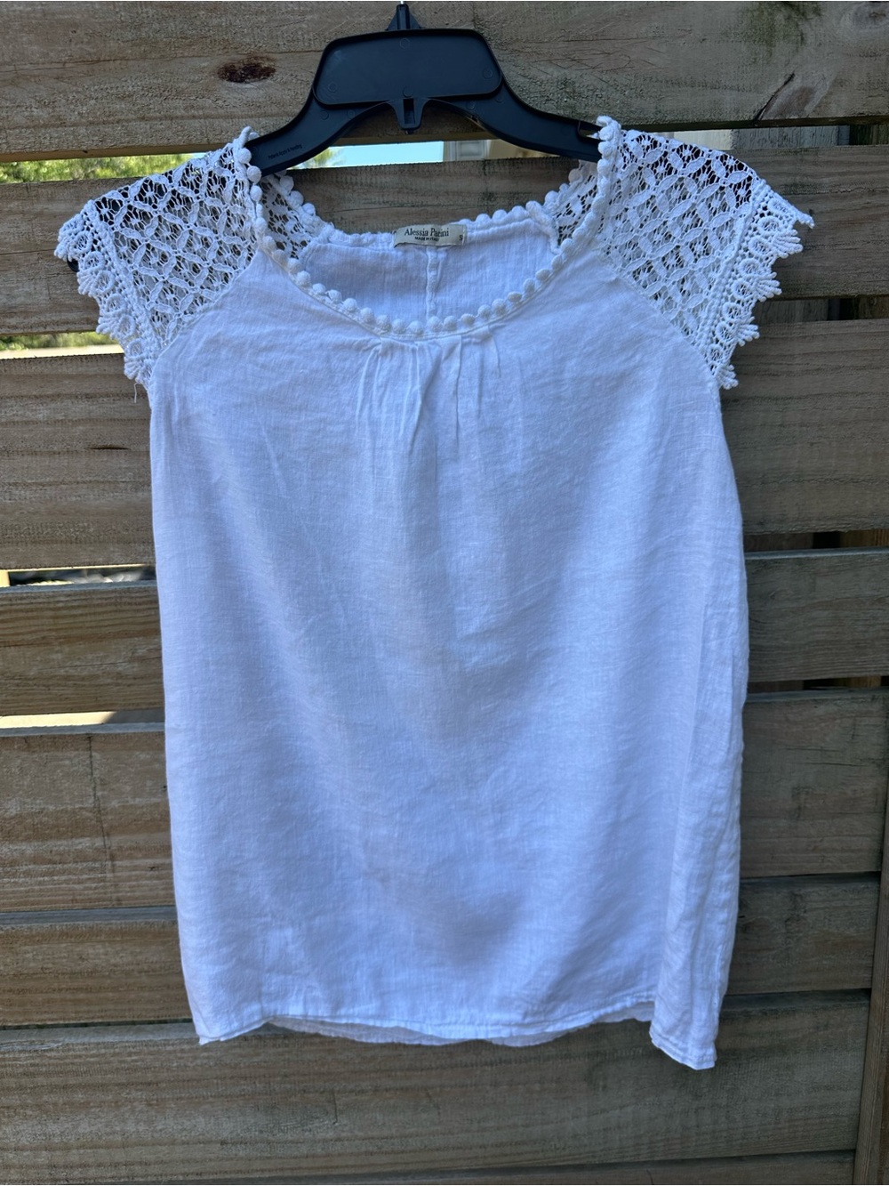 Linen-Blend White Crochet Cap Sleeve Blouse